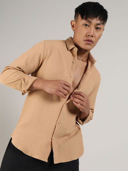Campus Sutra - Mens Beige Micro Buffalo Check Shirt
