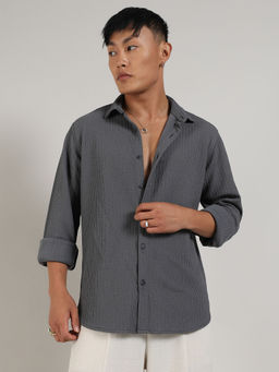Campus Sutra - Mens Ash Grey Stripe-Creased Shirt
