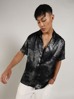 Campus Sutra - Mens Midnight Black & Chalice Silver Metallic Ombre Shirt