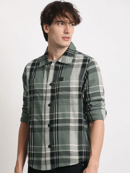 The Bear House - Men Green Checked Regular Fit Cotton Shacket