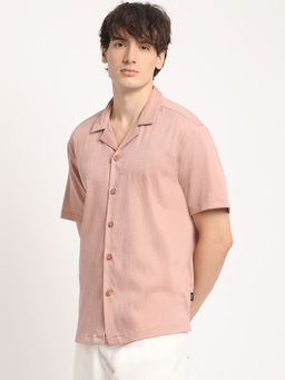 The Bear House - Mens Pink Self Designed Regular Fit Casual Shirt