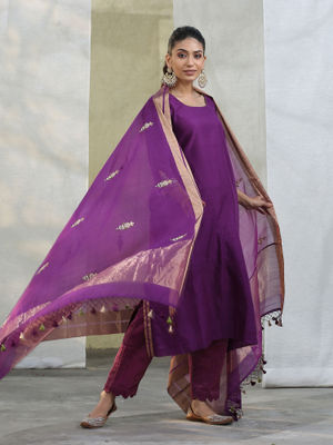 Barkavi ( purple ) - handloom cotton suit set with pen kalamkari dupatta in purple