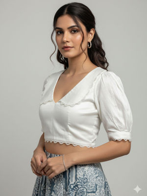 Buy Moora White Satin Puff Sleeves V-Neck Stitched Blouse (XS) Online