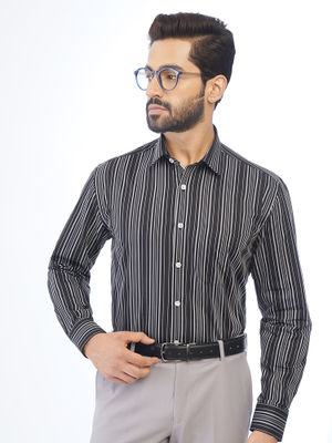 Black Men'S Cotton Striped Formal Shirts