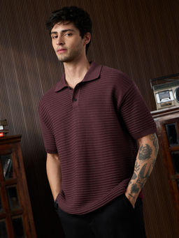 The Souled Store - Pure Cotton Half Sleeves Collar Neck Textured Polo T-Shirt