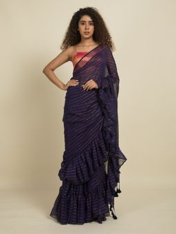 Suta - Blue Zari Stripes Ruffle Saree