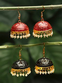 Yellow Chimes - Set of 2 pair Gold-Plated Meenakari Jhumka Earrings