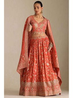 Soch - Womens Orange Viscose Embroidered Ghagra Choli and Dupatta (Set of 3)