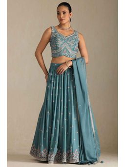 Soch - Womens Blue Chinon Embroidered Ghagra Choli and Dupatta (Set of 3)
