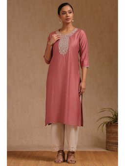 Soch - Womens Onion Pink Linen Embroidered Kurta