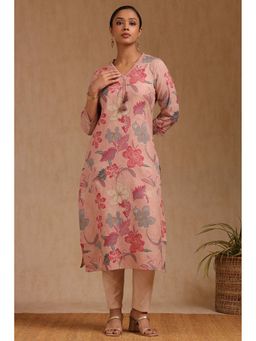 Soch - Womens Peach Linen Floral Print Kurta