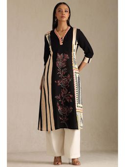 Soch - Womens Black Linen Blend Floral Print Kurta
