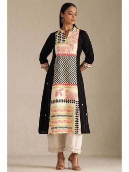 Soch - Womens Black Linen Blend Print Kurta