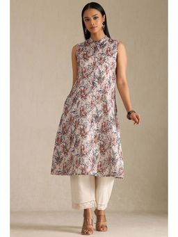 Soch - Womens Multi-Color Linen Floral Print Kurta with Pair Of Unstitched Sleeves