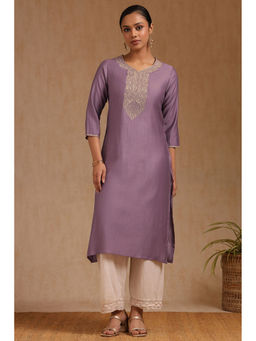 Soch - Women Purple Linen Embroidered Kurta with Zari