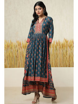 Soch - Women Teal Muslin Floral Print Dress with Beads