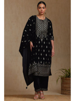 Soch - Women Black Velvet Foil Print Kurta with Palazzo & Dupatta (Set of 3)