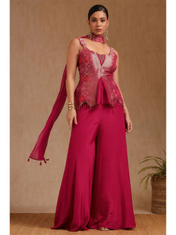 Soch - Women Pink Zari Woven Kurta with Unstitched Sleeves, Palazzo & Dupatta (Set of 3)