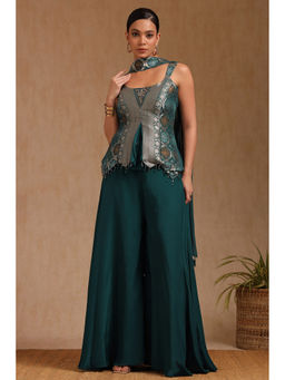 Soch - Women Green Zari Woven Kurti with Unstitched Sleeves, Palazzo & Dupatta (Set of 3)