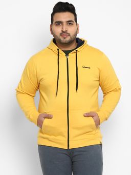 Urbano Plus - Mens Yellow Solid Cotton Zippered Full Sleeve Hooded Jacket