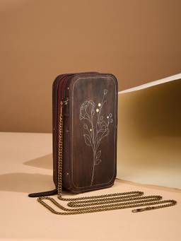 Fabindia - Brown Self Design Wood Mobile Pouch