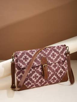 Fabindia - Brown Printed Cotton Blend Sling Bag with Detachable Strap