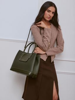 MIRAGGIO - Green Solid Pu Handbag with Detachable Strap