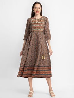 Globus - Taupe Round Neck Yoke Embroidery Printed Dress