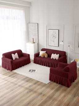 Cortina - Solid Stretchable Skirt Sofa Cover Set - Maroon