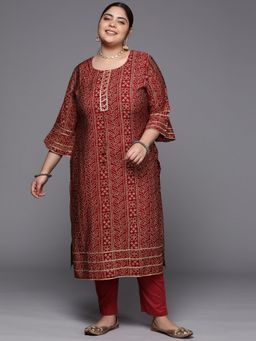 Extra love by Libas - Maroon Printed Silk Straight Kurtas for Women