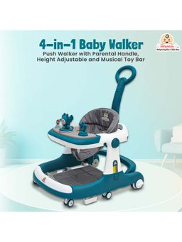 INFANTSO - Blue 4 in 1 Baby Walker and Bouncer with Adjustable Height & Speed (6-24 Months)