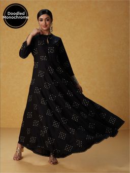 Likha - Black Monochrome Dot Printed Flared Maxi Dress LIKKUR161
