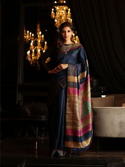 Beatitude - Navy Blue Handwoven Dupion Raw Silk Saree Beige Pallu with Unstitched Blouse