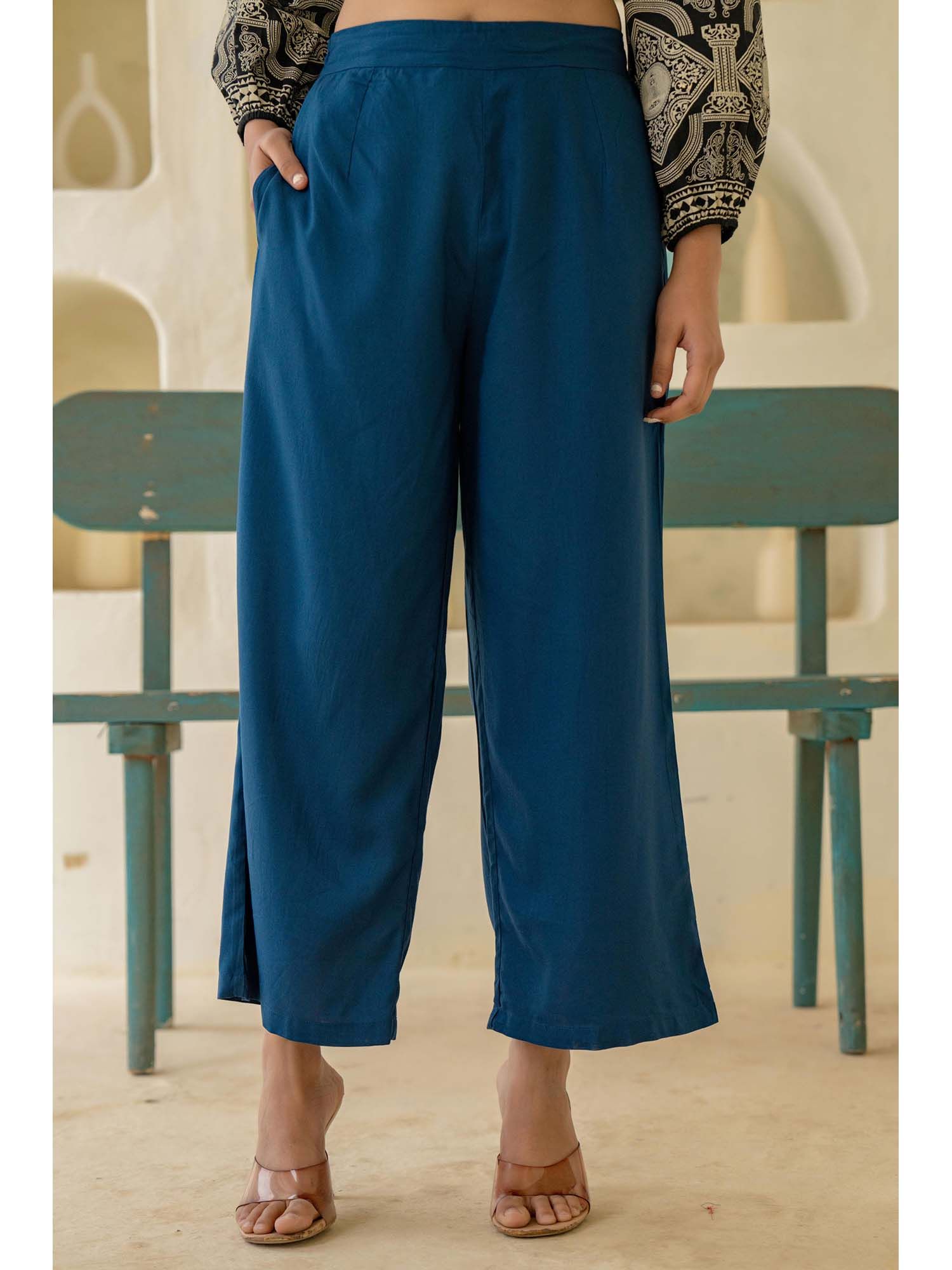 juniper Navy Solid Viscose Palazzo-picture-39