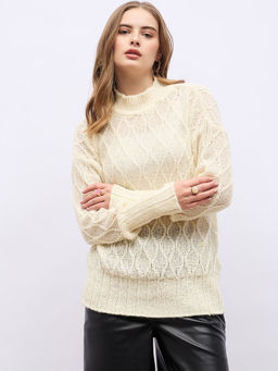 Styli - Women Off White Self Design Sweater