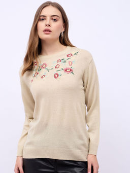 Styli - Women Beige Embroidered Sweater