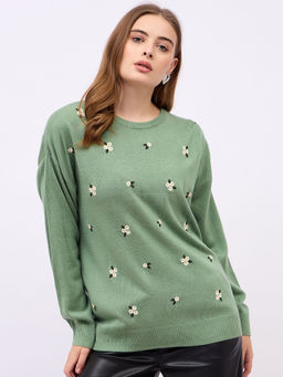 Styli - Women Olive Embroidered Sweater