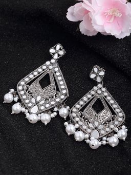Karatcart - Black Silver Plated Mirror Studded Diamond Shape Dangler Earrings for Women