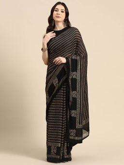 Libas - Black Georgette Printed Saree with Unstitched Blouse