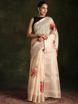 Libas - Cream Floral Printed Chanderi Silk Saree with Unstitched Blouse