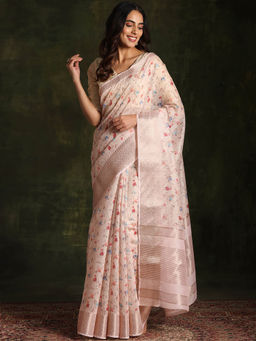 Libas - Cream Floral Printed Chanderi Silk Saree with Unstitched Blouse