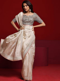 Libas Art - Cream Embroidered Design Saree with Unstitched Blouse