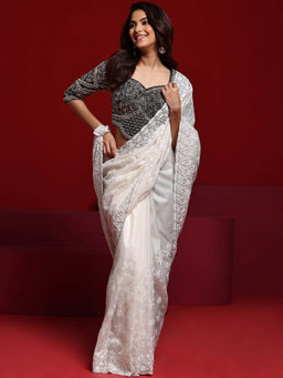 Libas Art - Off White Embellished with Saree with Unstitched Blouse