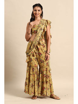 Libas - Olive Georgette Floral Printed Blouse with Sharara with Attached Pallu (Set of 2)