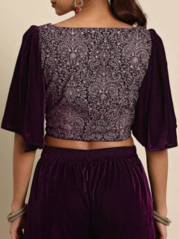 Libas - Wine Velvet Embroidered Blouse with Belt and Palazzo with Attached Pallu