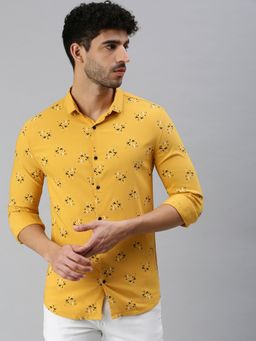 SHOWOFFFF - Men Roll-Up Sleeves Yellow Geometric Shirt