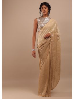 KALKI FASHION - Tan Beige Sequins and Lucknowi Sequins Embroidery Saree with Unstitched Blouse