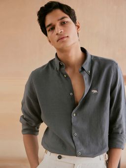 Andamen - Men Grey Linen Solid Slim Fit Casual Shirt