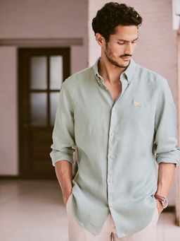 Andamen - Men Teal Linen Solid Regular Fit Casual Shirt
