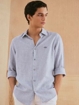 Andamen - Men Grey Linen Stripes Regular Fit Casual Shirt